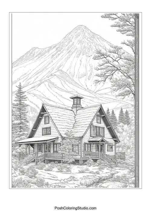 A house with a large porch and a mountain in the background.