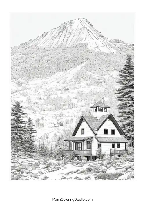 A mountain cabin surrounded by trees and rocky terrain.