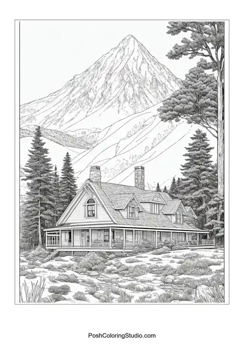 A house with a mountain backdrop and a winding path.