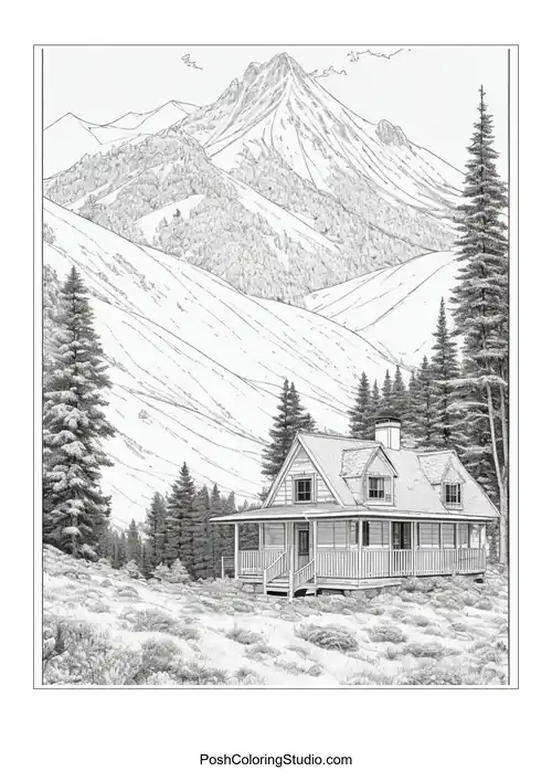 A house with a porch and a mountain view in the distance.