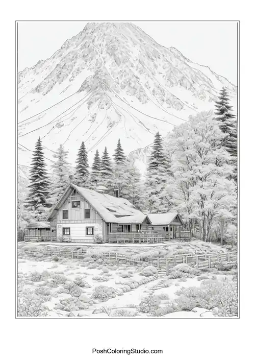A cabin with a mountain backdrop and surrounding trees.