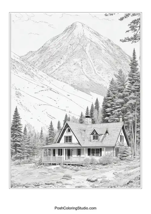 A house with a mountain backdrop and surrounding trees.
