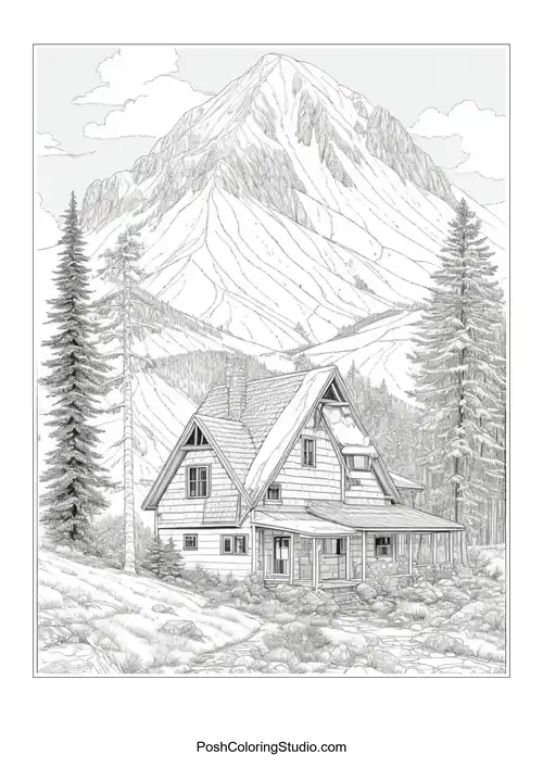A house with a mountain backdrop and a winding path.