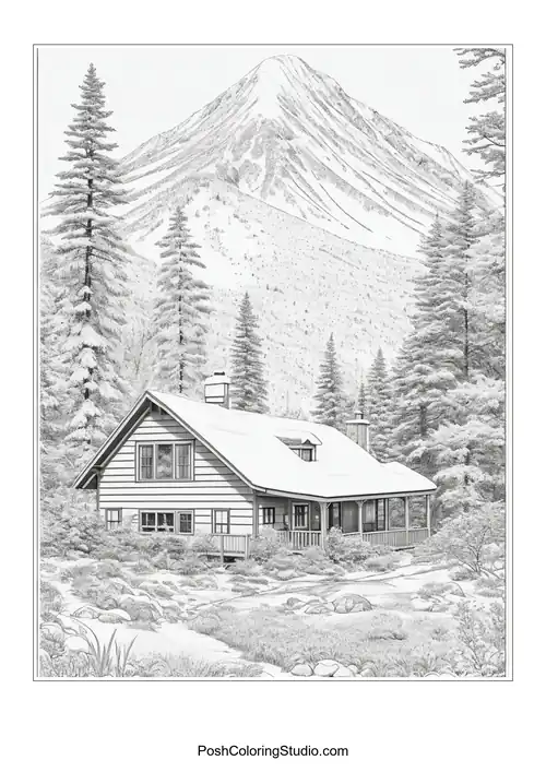 A house surrounded by trees with a mountain in the background.