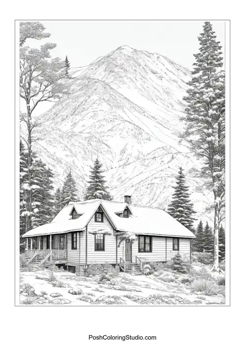 A house with a mountain view and surrounding trees.