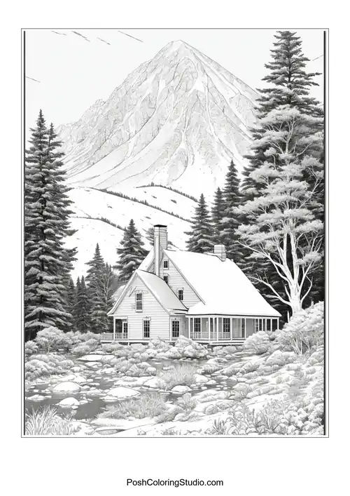 A house with a mountain backdrop and a winding path.