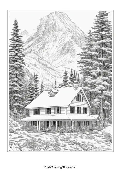 A house with a mountain backdrop and a winding path.