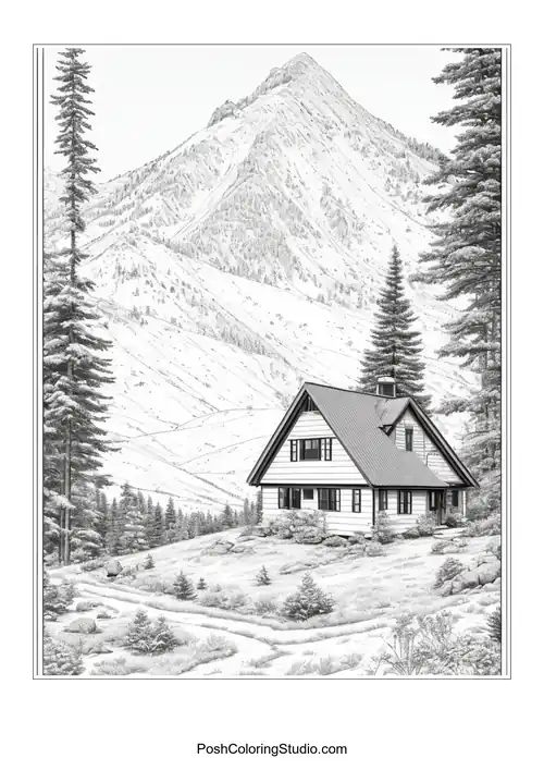 A house with a mountain view and surrounding trees.