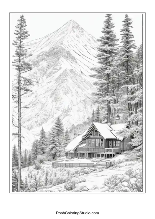 A house with a mountain backdrop and a winding path.