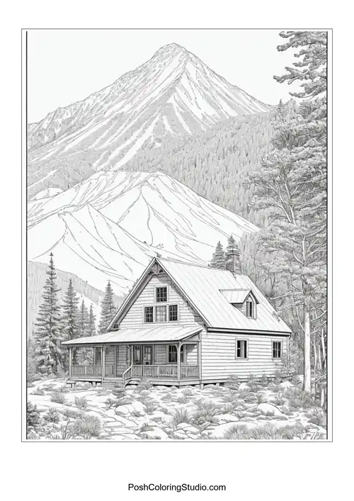 A house with a mountain backdrop and a winding path.