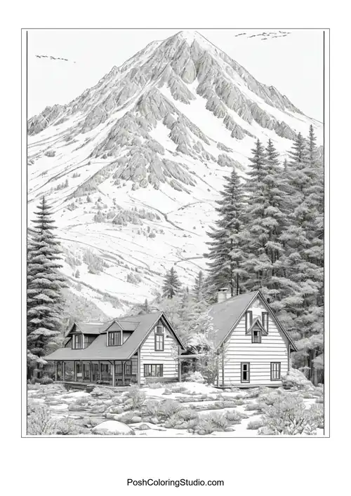 A house with a mountain backdrop and a winding path.