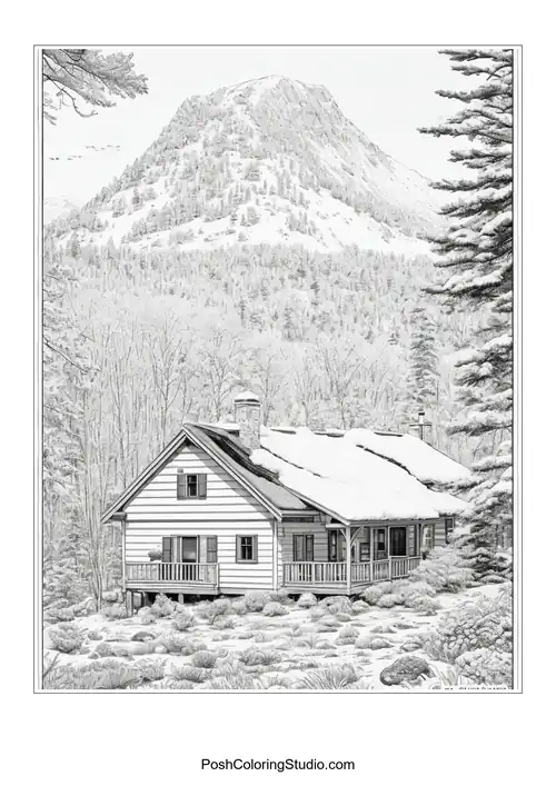 A cozy house with snow on the roof and mountains behind.