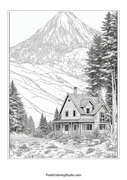 A house with a mountain backdrop and a winding path.