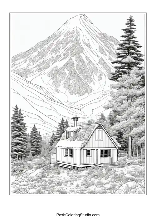 A house with a mountain view and surrounding trees.