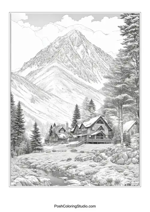 A house with a mountain backdrop and a winding path.