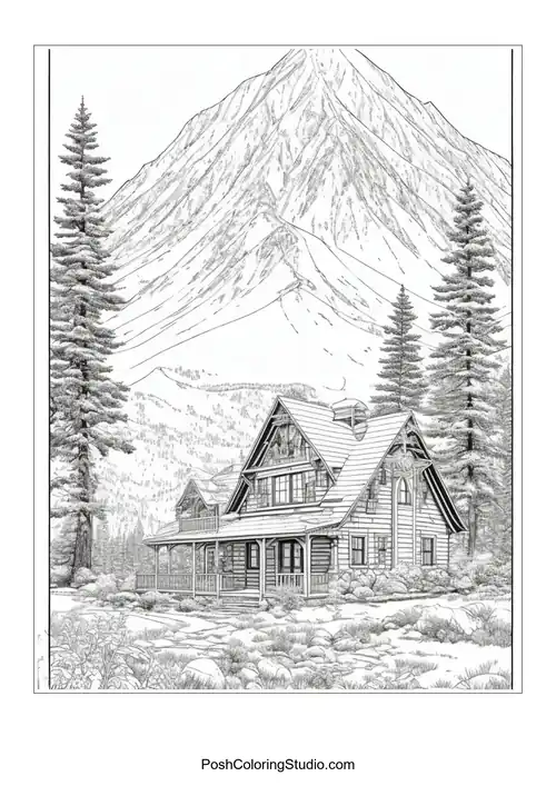 A house with a mountain backdrop and a winding path.
