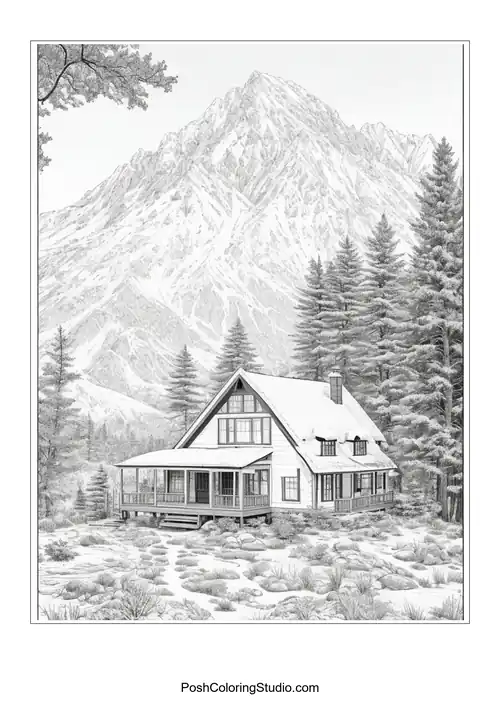 A house with a mountain view and surrounding trees.