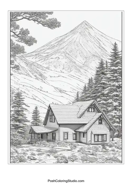 A house with a mountain backdrop and a winding path.