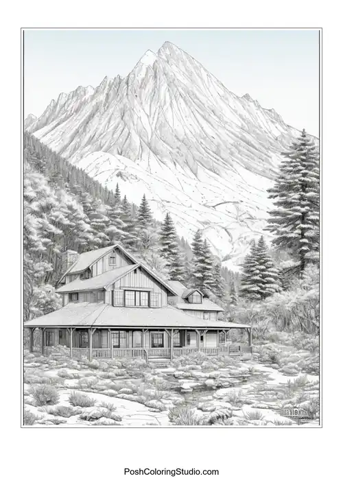 A detailed mountain scene with a large house and trees.