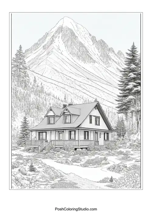 A mountain scene with a house and rocky terrain.