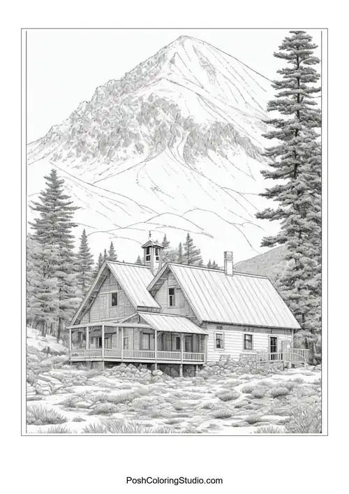A mountain cabin with a bell tower and rocky landscape.