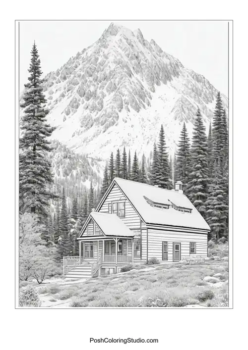 A quaint house with a mountain backdrop and tall trees.