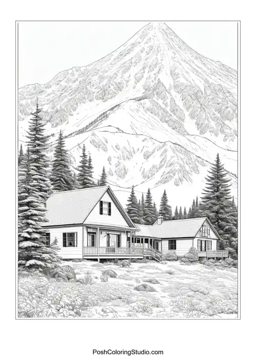Two houses set against a mountainous landscape.