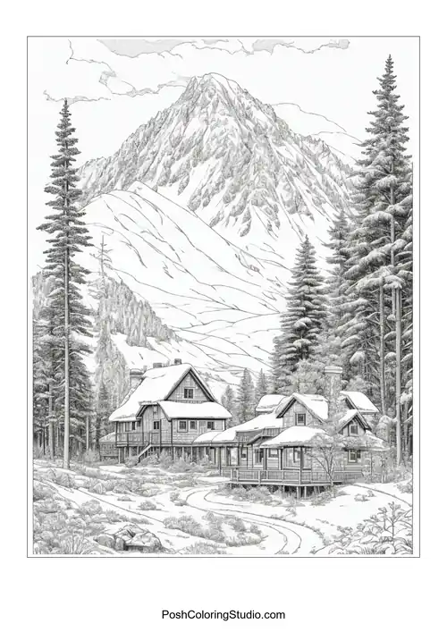 A mountain scene with multiple houses and dense trees.