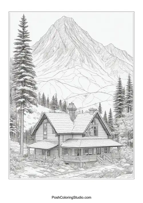 A detailed house with a mountain view and surrounding landscape.