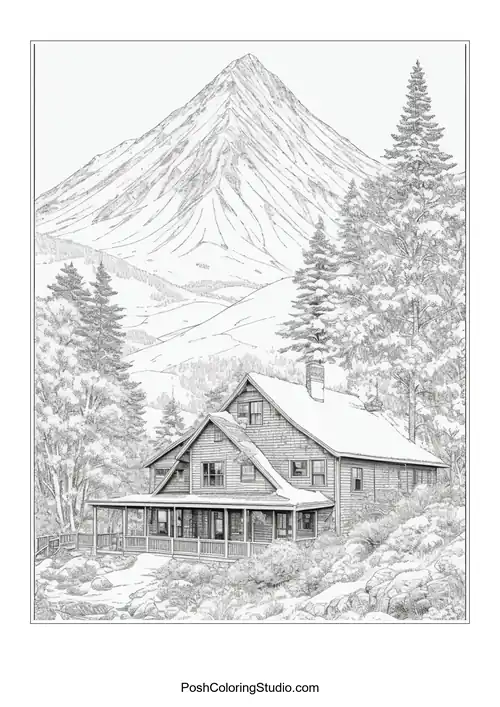 A rustic house with a mountain backdrop and forest.