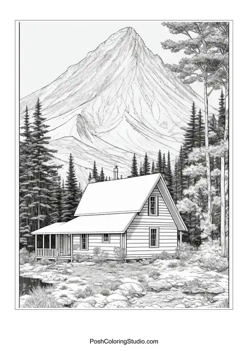 A charming house with a mountain view and a pond.