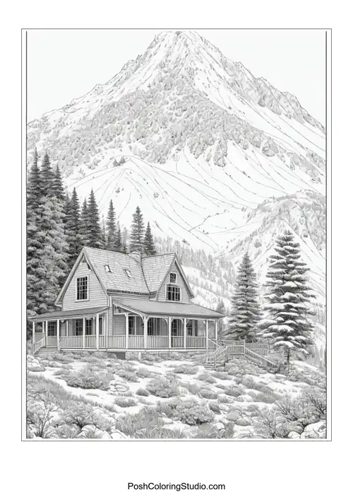 A house with a mountain backdrop and a winding path.