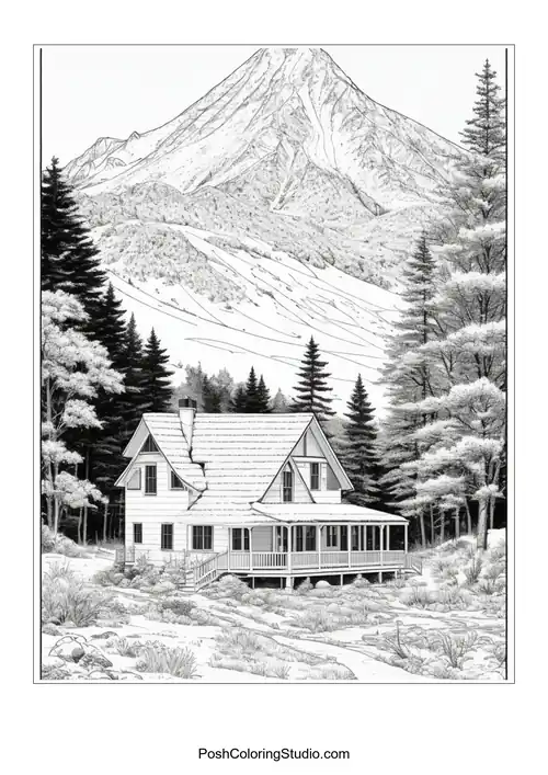 A house with a mountain backdrop and rocky terrain.