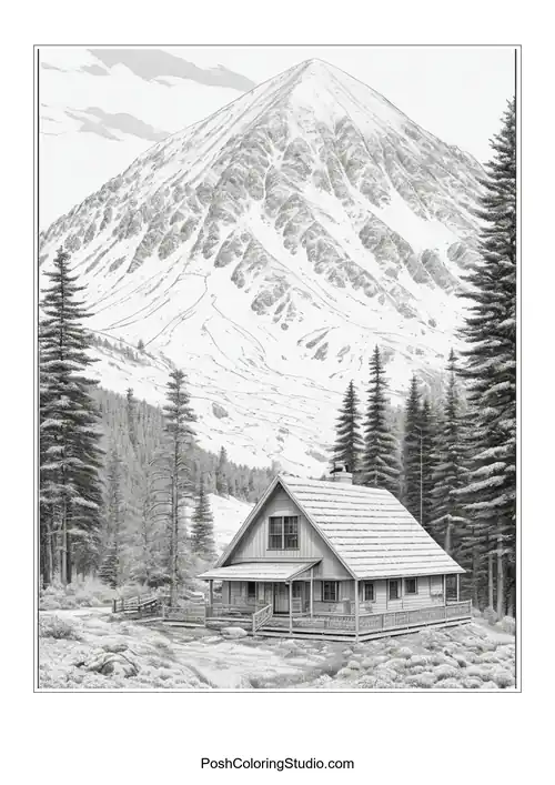 A small house with a mountain view and trees.