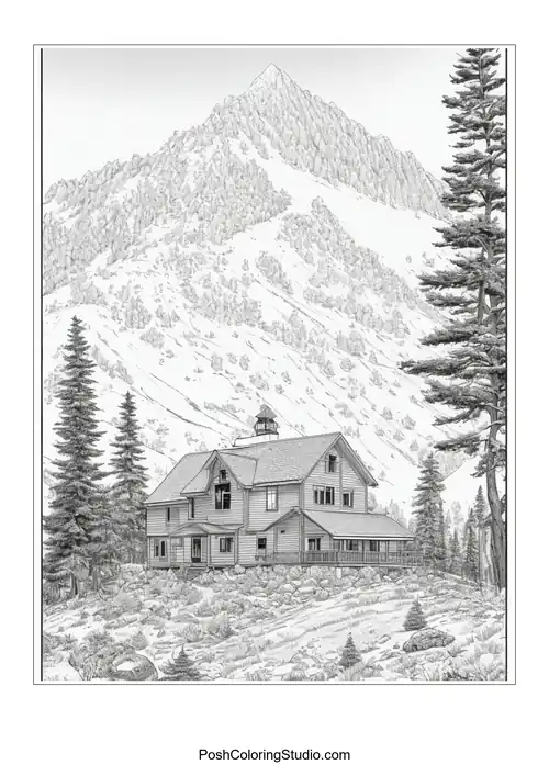 A large house with a mountain view and surrounding trees.