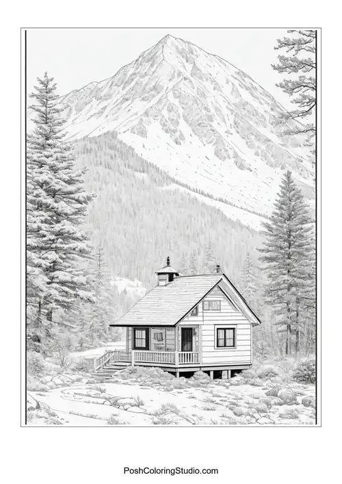 A house with a mountain view and a winding path.