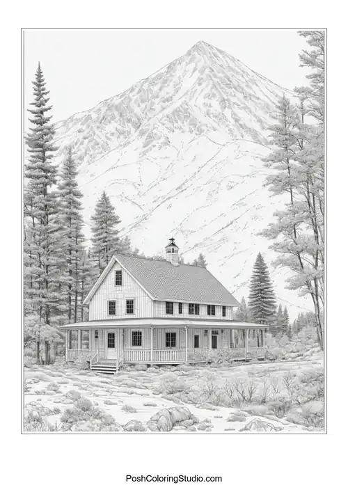 A house with a sloped roof and mountain backdrop.