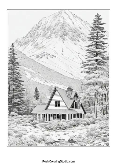 A cabin with a porch and a mountain in the distance.