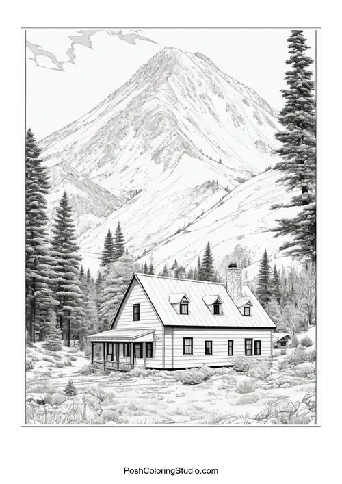A house with a large porch and a mountain backdrop.