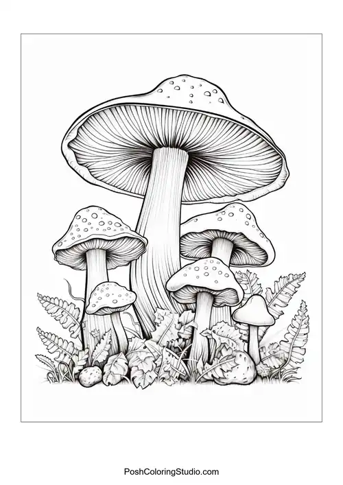 Mushrooms with flowing designs and surrounding plants.