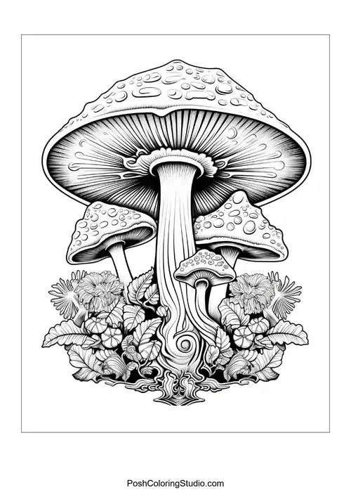 Mushrooms with intricate details and whimsical elements.