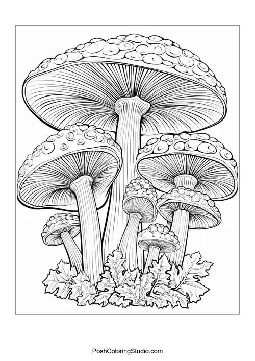 Mushrooms with detailed caps and surrounding foliage.