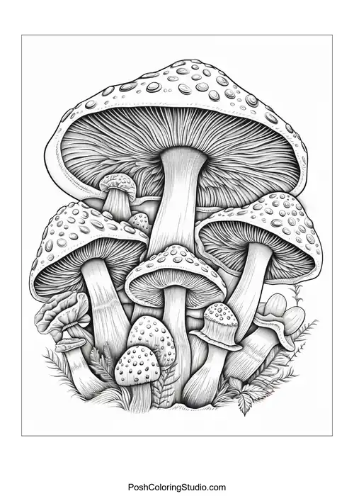 Mushrooms with flowing designs and intricate details.
