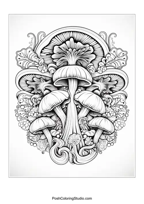Mushrooms with whimsical designs and surrounding foliage.