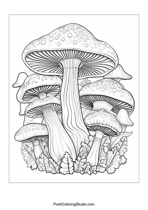 Mushrooms with intricate details and flowing designs.