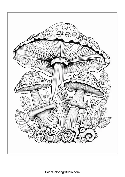Mushrooms with whimsical patterns and surrounding plants.