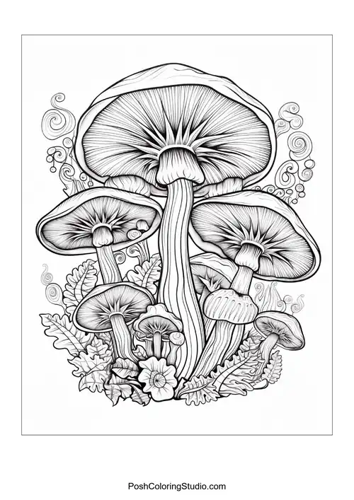 Four mushrooms with swirling patterns and decorative elements.