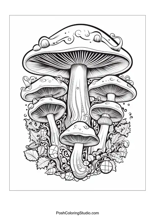 Mushrooms with decorative elements and intricate details.