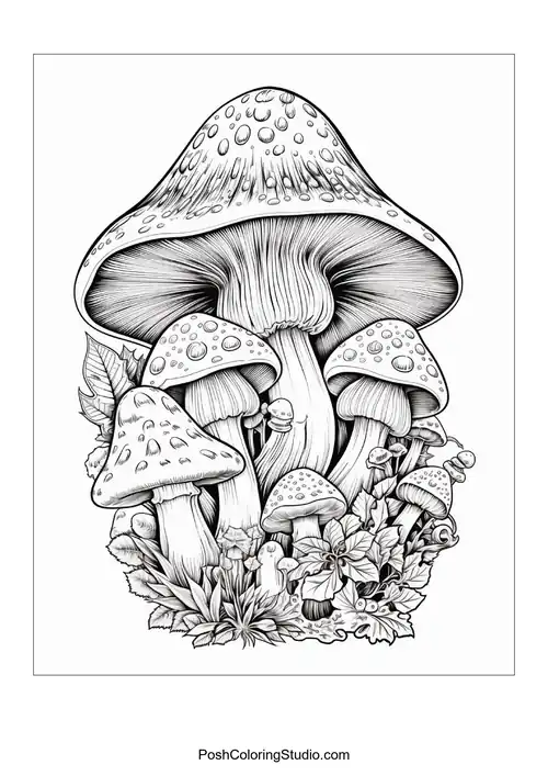 Mushrooms with flowing designs and surrounding foliage.