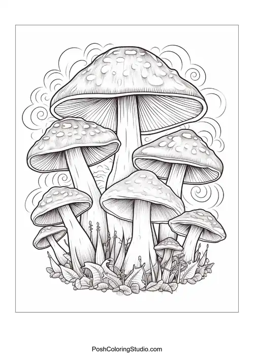 Mushrooms with whimsical designs and intricate details.